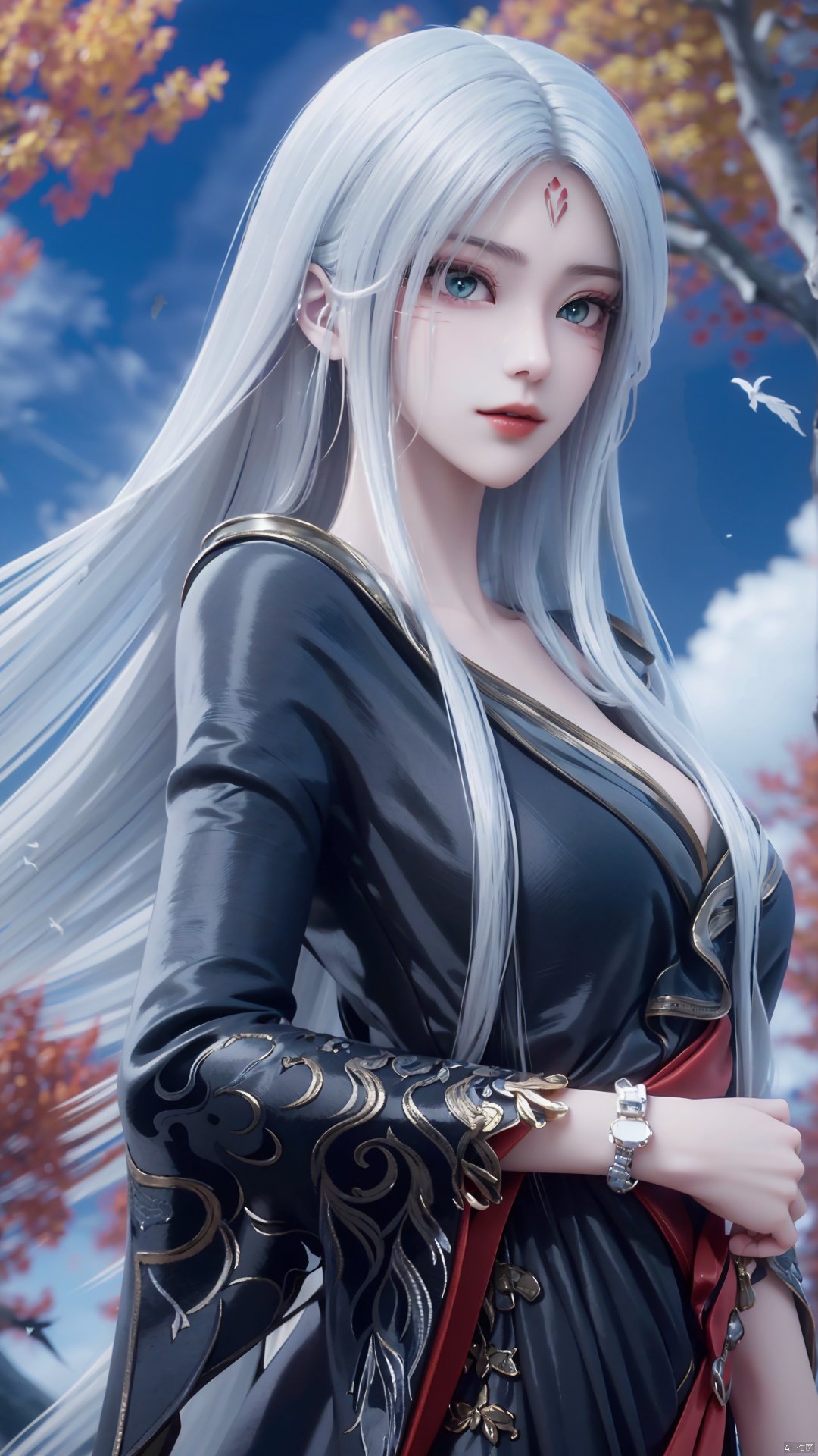 1girl, long hair, solo, facial mark, green eyes, looking at viewer, white hair, red lips, forehead mark, mischevious smile, perfect body, scenery, sharp focus, best quality, masterpiece, detailed outfit, illustration, perfect eyes, finely detailed beautiful anime eyes, realistic skin, intricate details, best lighting, depth of field, ultra high resolution,cowboy_shot, dynamic pose, dynamic angle,