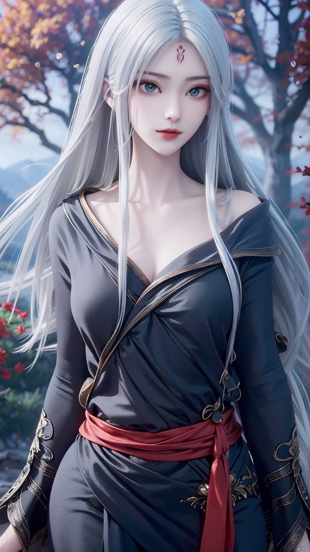 1girl, long hair, solo, facial mark, green eyes, looking at viewer, white hair, red lips, forehead mark, mischevious smile, perfect body, scenery, sharp focus, best quality, masterpiece, detailed outfit, illustration, perfect eyes, finely detailed beautiful anime eyes, realistic skin, intricate details, best lighting, depth of field, ultra high resolution,cowboy_shot, dynamic pose, dynamic angle,