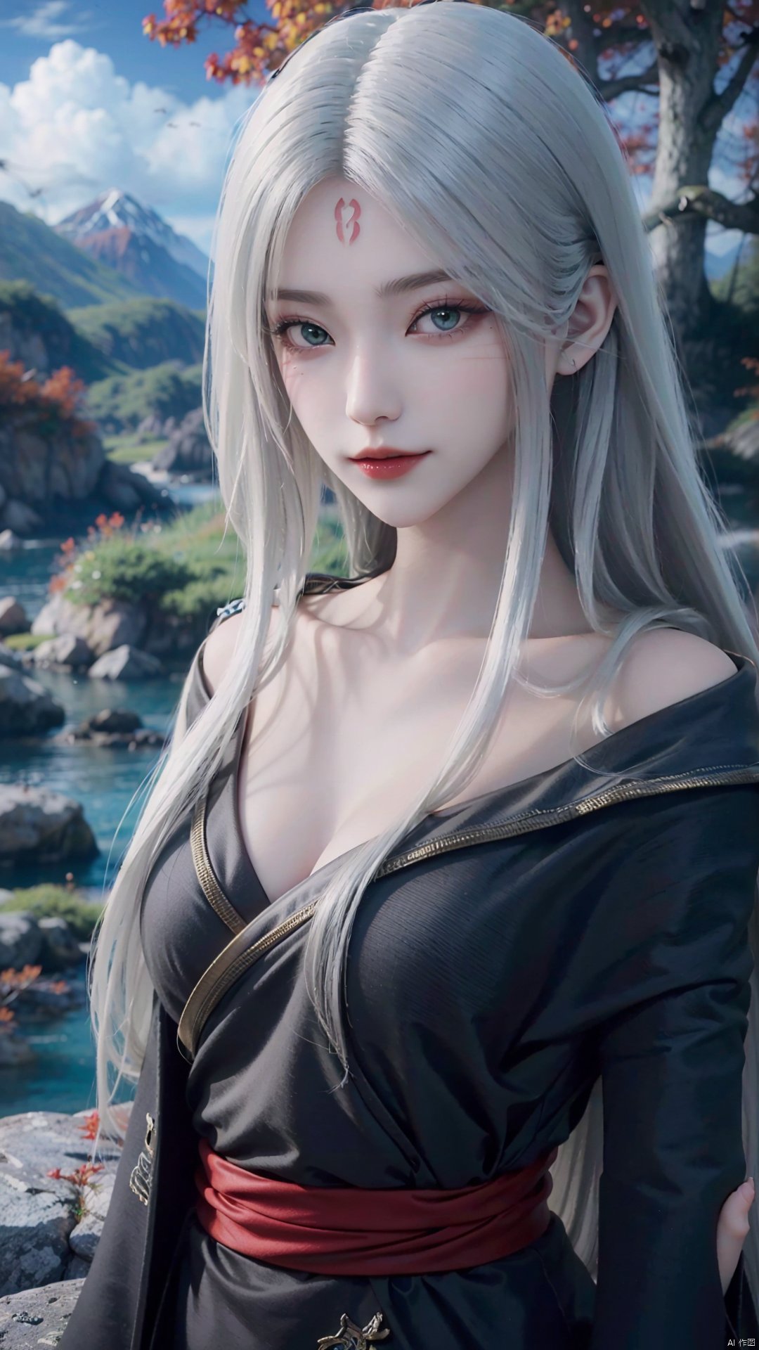 1girl, long hair, solo, facial mark, green eyes, looking at viewer, white hair, red lips, forehead mark, mischevious smile, perfect body, scenery, sharp focus, best quality, masterpiece, detailed outfit, illustration, perfect eyes, finely detailed beautiful anime eyes, realistic skin, intricate details, best lighting, depth of field, ultra high resolution,cowboy_shot, dynamic pose, dynamic angle,