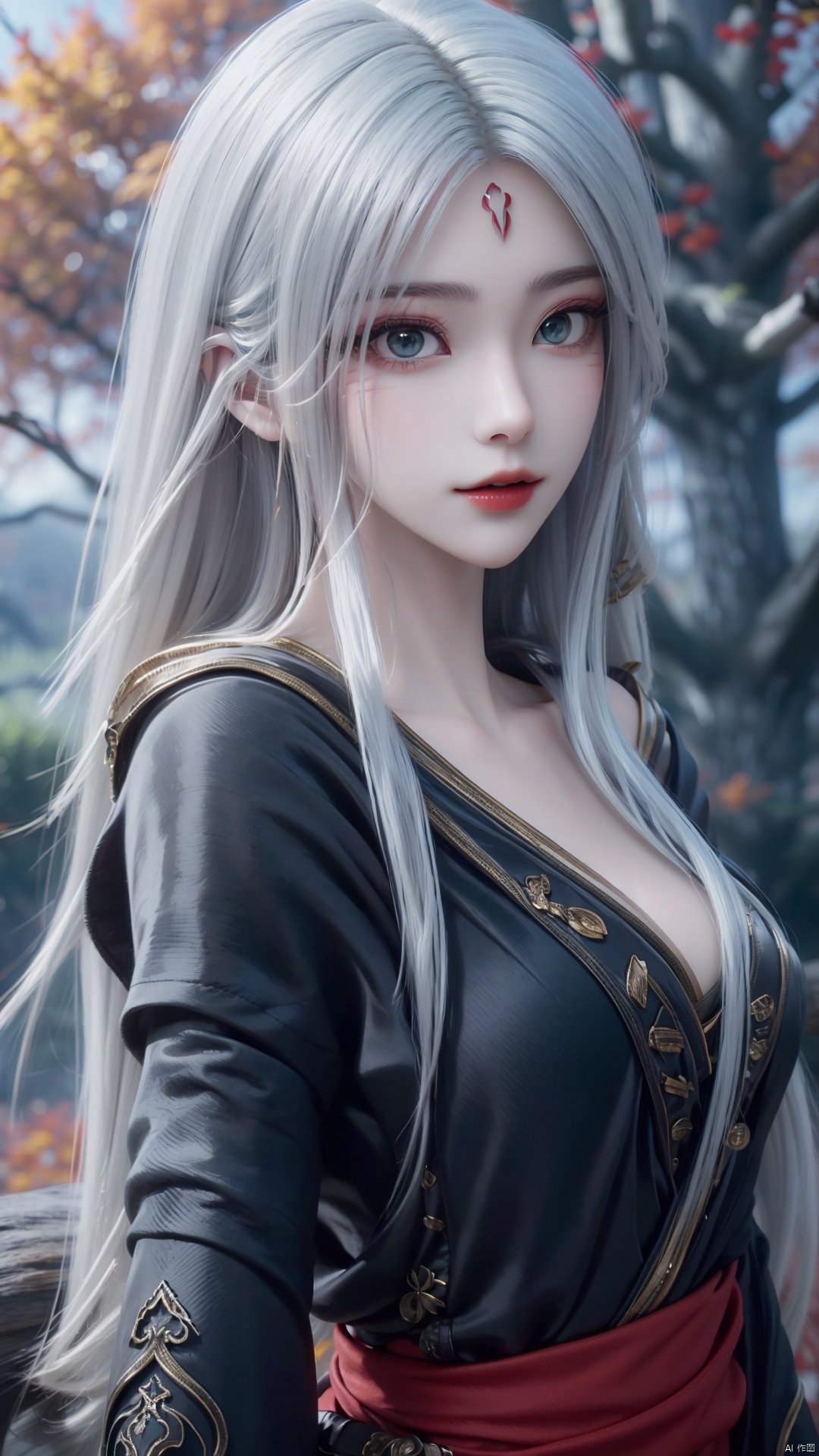 1girl, long hair, solo, facial mark, green eyes, looking at viewer, white hair, red lips, forehead mark, mischevious smile, perfect body, scenery, sharp focus, best quality, masterpiece, detailed outfit, illustration, perfect eyes, finely detailed beautiful anime eyes, realistic skin, intricate details, best lighting, depth of field, ultra high resolution,cowboy_shot, dynamic pose, dynamic angle,