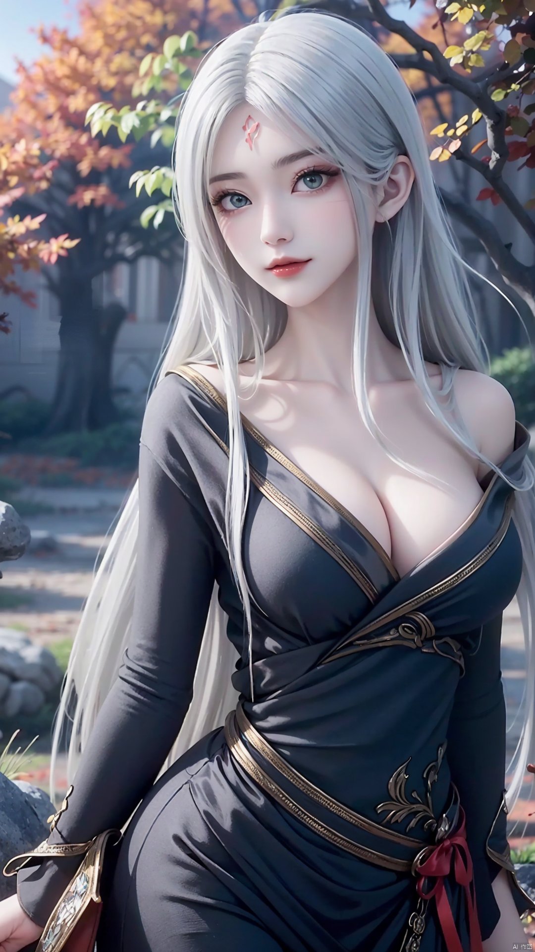 1girl, long hair, solo, facial mark, green eyes, looking at viewer, white hair, red lips, forehead mark, mischevious smile, perfect body, scenery, sharp focus, best quality, masterpiece, detailed outfit, illustration, perfect eyes, finely detailed beautiful anime eyes, realistic skin, intricate details, best lighting, depth of field, ultra high resolution,cowboy_shot, dynamic pose, dynamic angle,