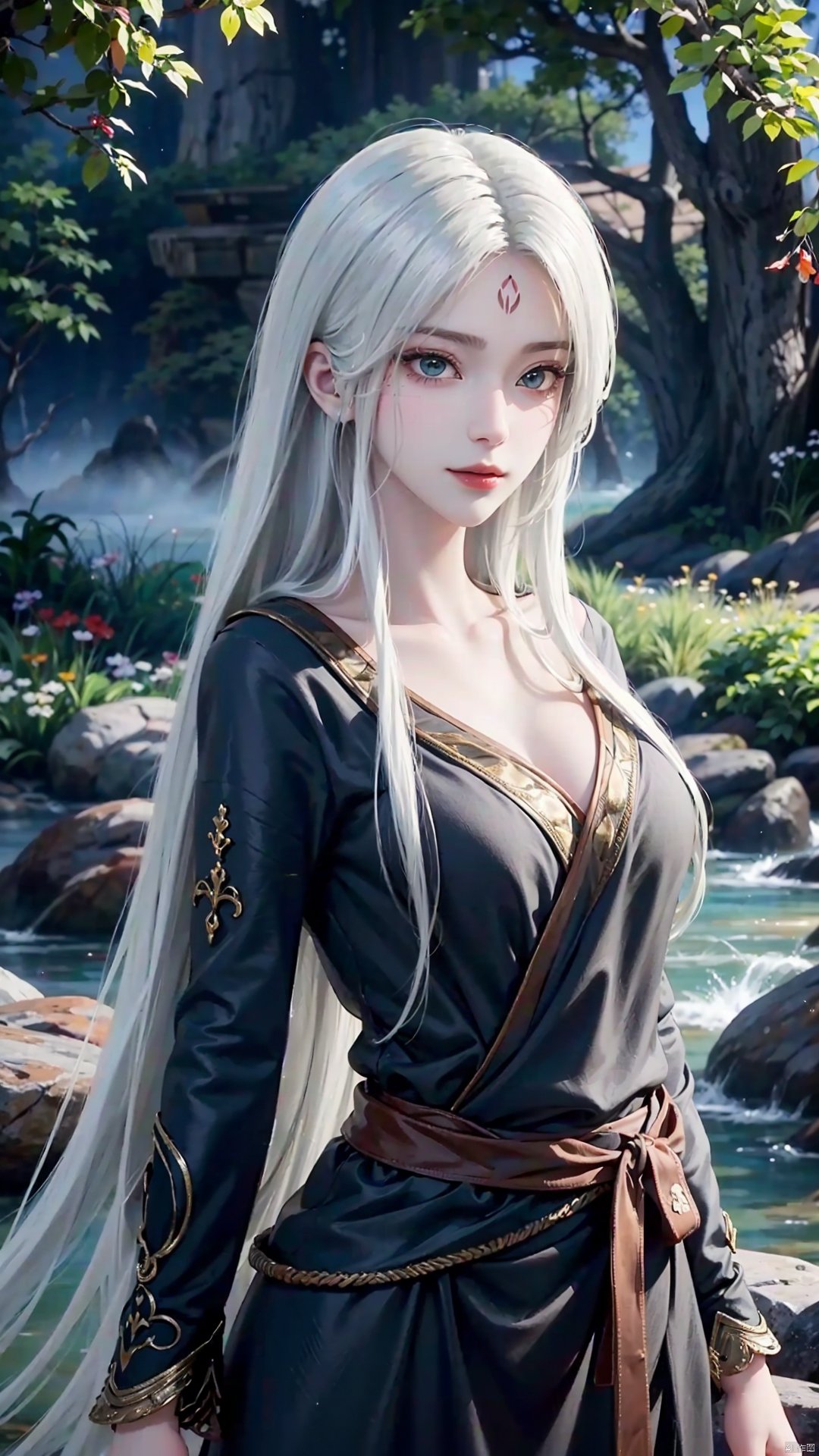 1girl, long hair, solo, facial mark, green eyes, looking at viewer, white hair, red lips, forehead mark, mischevious smile, perfect body, scenery, sharp focus, best quality, masterpiece, detailed outfit, illustration, perfect eyes, finely detailed beautiful anime eyes, realistic skin, intricate details, best lighting, depth of field, ultra high resolution,cowboy_shot, dynamic pose, dynamic angle,