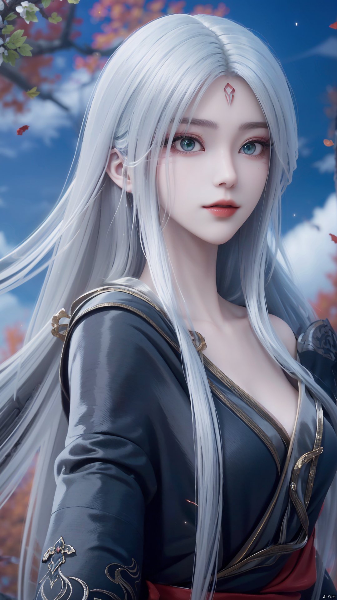 1girl, long hair, solo, facial mark, green eyes, looking at viewer, white hair, red lips, forehead mark, mischevious smile, perfect body, scenery, sharp focus, best quality, masterpiece, detailed outfit, illustration, perfect eyes, finely detailed beautiful anime eyes, realistic skin, intricate details, best lighting, depth of field, ultra high resolution,cowboy_shot, dynamic pose, dynamic angle,