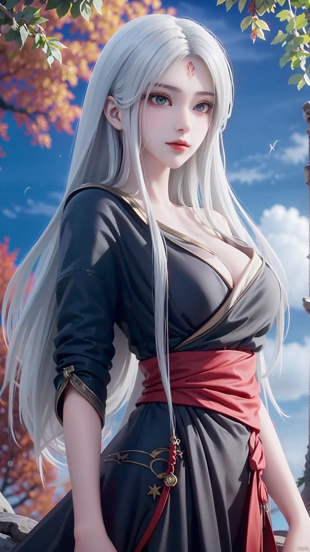 1girl, long hair, solo, facial mark, green eyes, looking at viewer, white hair, red lips, forehead mark, mischevious smile, perfect body, scenery, sharp focus, best quality, masterpiece, detailed outfit, illustration, perfect eyes, finely detailed beautiful anime eyes, realistic skin, intricate details, best lighting, depth of field, ultra high resolution,cowboy_shot, dynamic pose, dynamic angle,