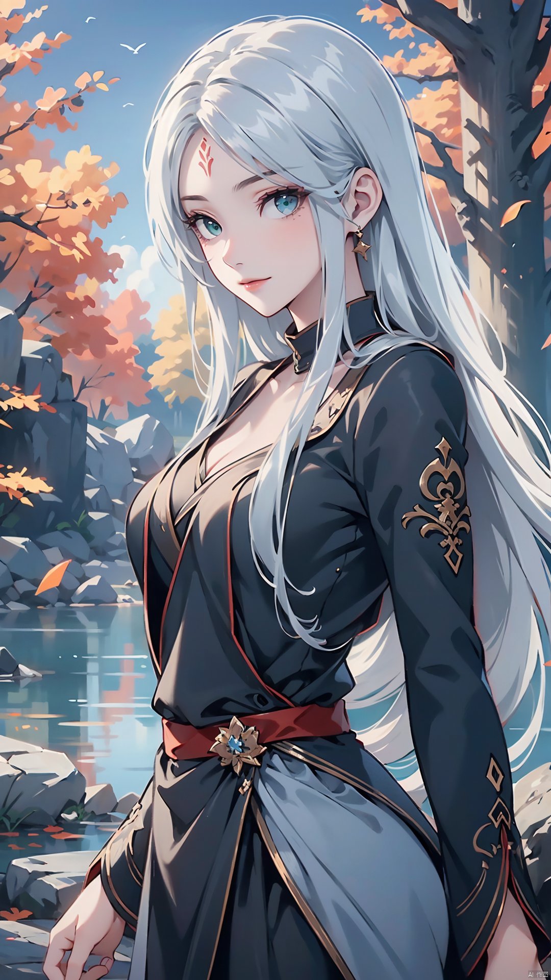 1girl, long hair, solo, facial mark, green eyes, looking at viewer, white hair, red lips, forehead mark, mischevious smile, perfect body, scenery, sharp focus, best quality, masterpiece, detailed outfit, illustration, perfect eyes, finely detailed beautiful anime eyes, realistic skin, intricate details, best lighting, depth of field, ultra high resolution,cowboy_shot, dynamic pose, dynamic angle,