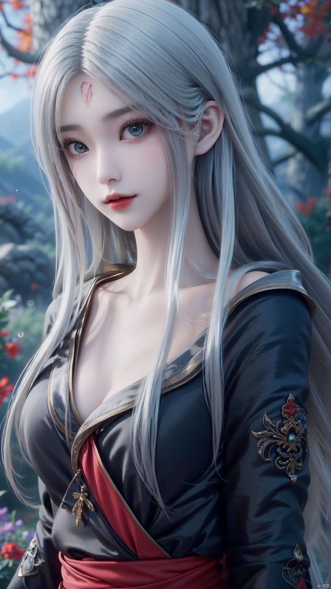 1girl, long hair, solo, facial mark, green eyes, looking at viewer, white hair, red lips, forehead mark, mischevious smile, perfect body, scenery, sharp focus, best quality, masterpiece, detailed outfit, illustration, perfect eyes, finely detailed beautiful anime eyes, realistic skin, intricate details, best lighting, depth of field, ultra high resolution,cowboy_shot, dynamic pose, dynamic angle,