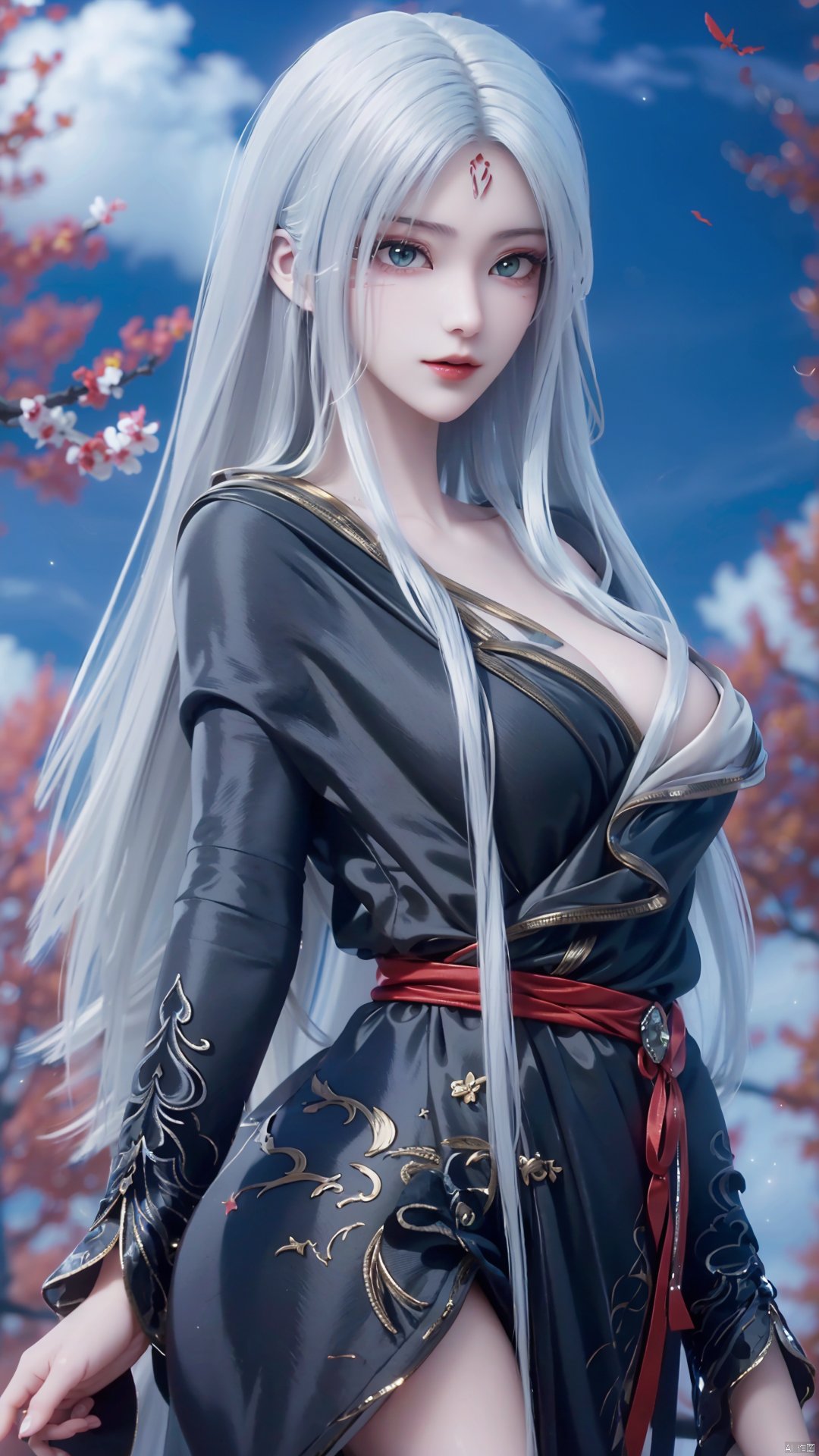 1girl, long hair, solo, facial mark, green eyes, looking at viewer, white hair, red lips, forehead mark, mischevious smile, perfect body, scenery, sharp focus, best quality, masterpiece, detailed outfit, illustration, perfect eyes, finely detailed beautiful anime eyes, realistic skin, intricate details, best lighting, depth of field, ultra high resolution,cowboy_shot, dynamic pose, dynamic angle,