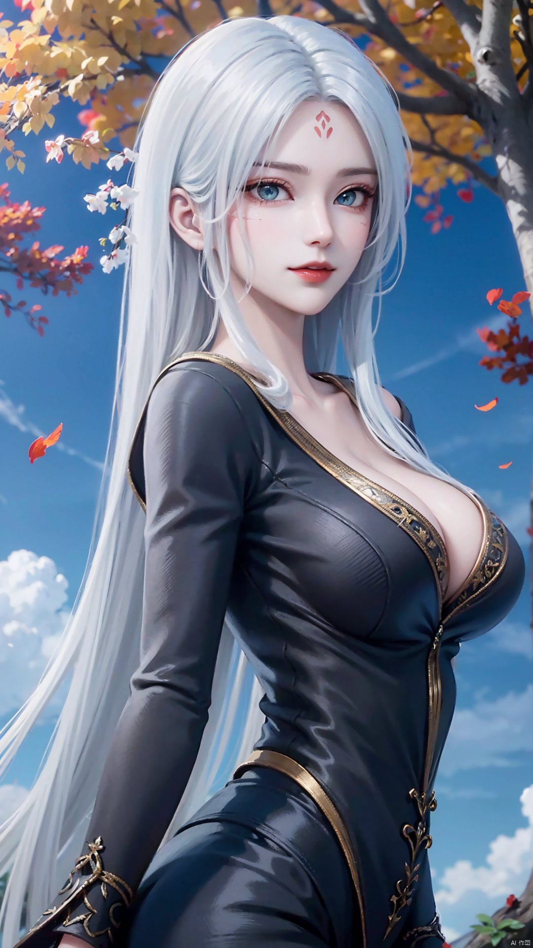 1girl, long hair, solo, facial mark, green eyes, looking at viewer, white hair, red lips, forehead mark, mischevious smile, perfect body, scenery, sharp focus, best quality, masterpiece, detailed outfit, illustration, perfect eyes, finely detailed beautiful anime eyes, realistic skin, intricate details, best lighting, depth of field, ultra high resolution,cowboy_shot, dynamic pose, dynamic angle,