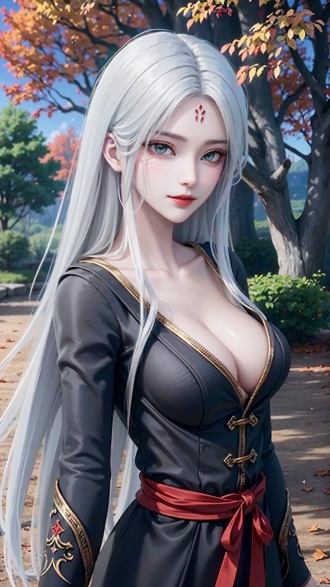 1girl, long hair, solo, facial mark, green eyes, looking at viewer, white hair, red lips, forehead mark, mischevious smile, perfect body, scenery, sharp focus, best quality, masterpiece, detailed outfit, illustration, perfect eyes, finely detailed beautiful anime eyes, realistic skin, intricate details, best lighting, depth of field, ultra high resolution,cowboy_shot, dynamic pose, dynamic angle,