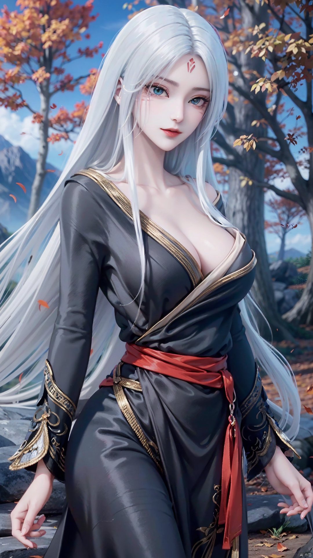 1girl, long hair, solo, facial mark, green eyes, looking at viewer, white hair, red lips, forehead mark, mischevious smile, perfect body, scenery, sharp focus, best quality, masterpiece, detailed outfit, illustration, perfect eyes, finely detailed beautiful anime eyes, realistic skin, intricate details, best lighting, depth of field, ultra high resolution,cowboy_shot, dynamic pose, dynamic angle,