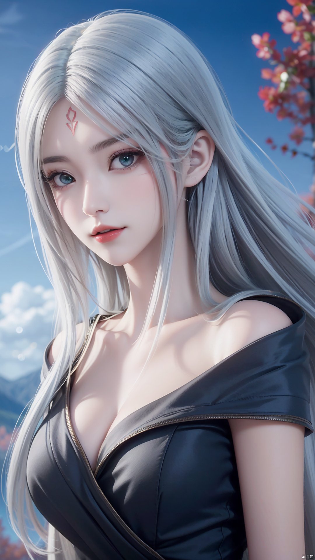 1girl, long hair, solo, facial mark, green eyes, looking at viewer, white hair, red lips, forehead mark, mischevious smile, perfect body, scenery, sharp focus, best quality, masterpiece, detailed outfit, illustration, perfect eyes, finely detailed beautiful anime eyes, realistic skin, intricate details, best lighting, depth of field, ultra high resolution,cowboy_shot, dynamic pose, dynamic angle,