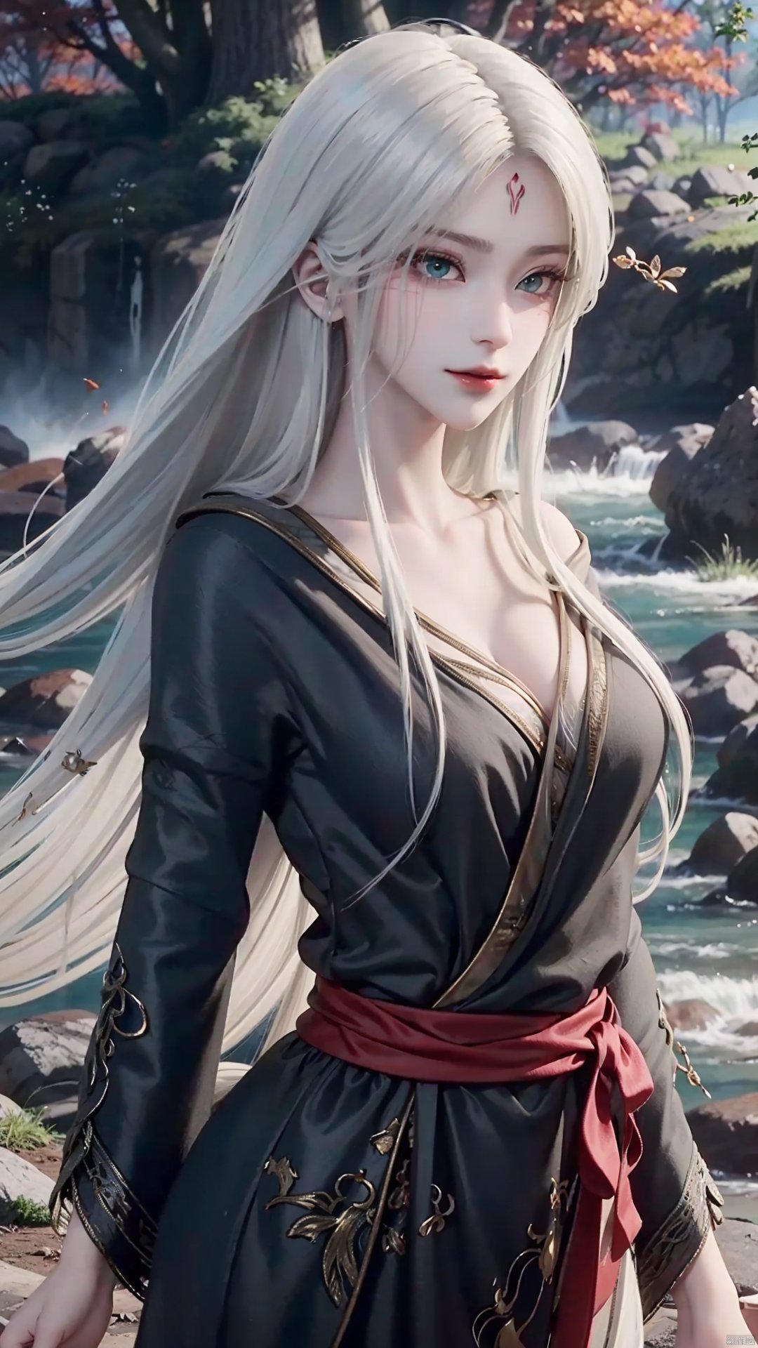 1girl, long hair, solo, facial mark, green eyes, looking at viewer, white hair, red lips, forehead mark, mischevious smile, perfect body, scenery, sharp focus, best quality, masterpiece, detailed outfit, illustration, perfect eyes, finely detailed beautiful anime eyes, realistic skin, intricate details, best lighting, depth of field, ultra high resolution,cowboy_shot, dynamic pose, dynamic angle,