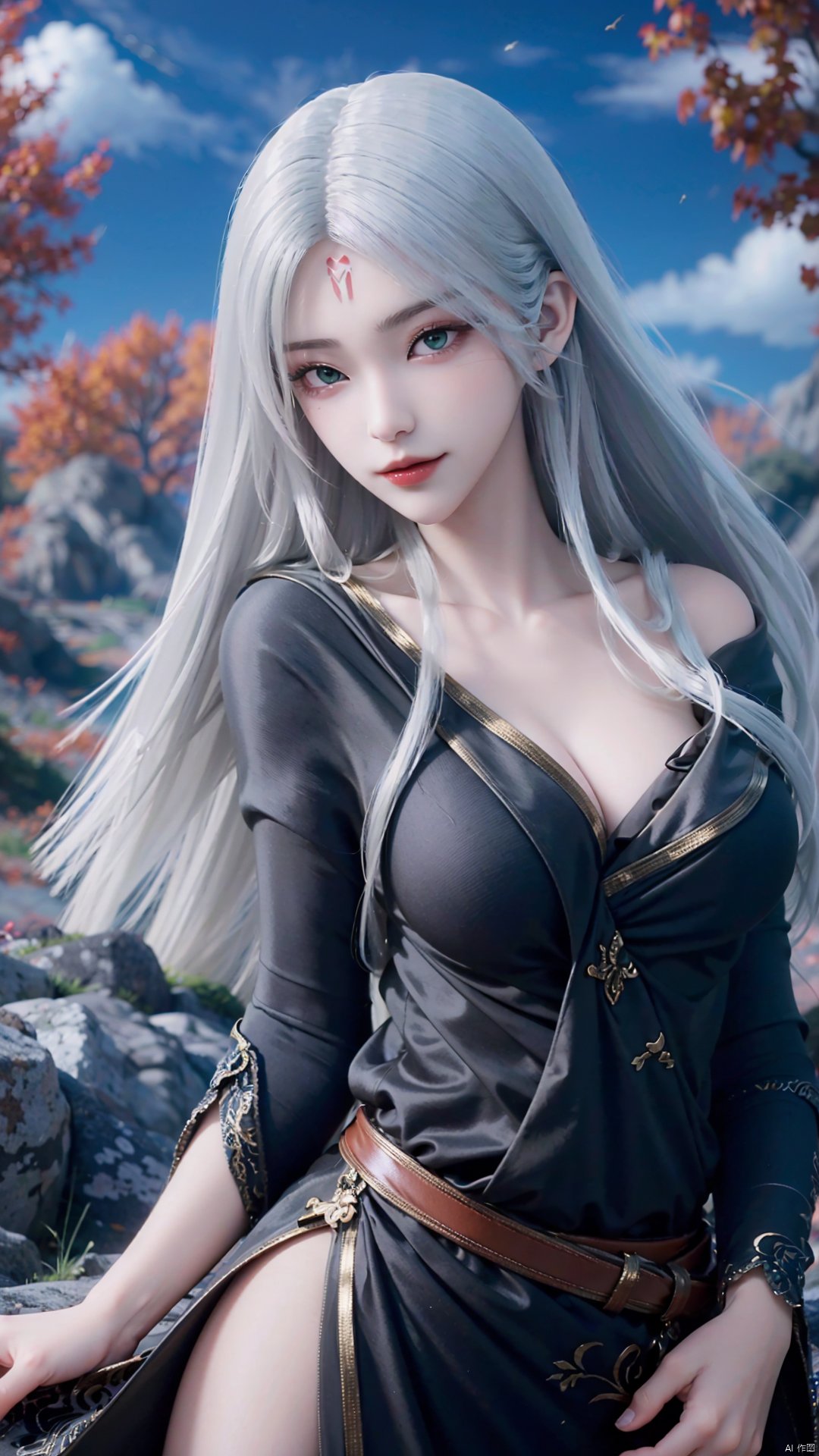 1girl, long hair, solo, facial mark, green eyes, looking at viewer, white hair, red lips, forehead mark, mischevious smile, perfect body, scenery, sharp focus, best quality, masterpiece, detailed outfit, illustration, perfect eyes, finely detailed beautiful anime eyes, realistic skin, intricate details, best lighting, depth of field, ultra high resolution,cowboy_shot, dynamic pose, dynamic angle,