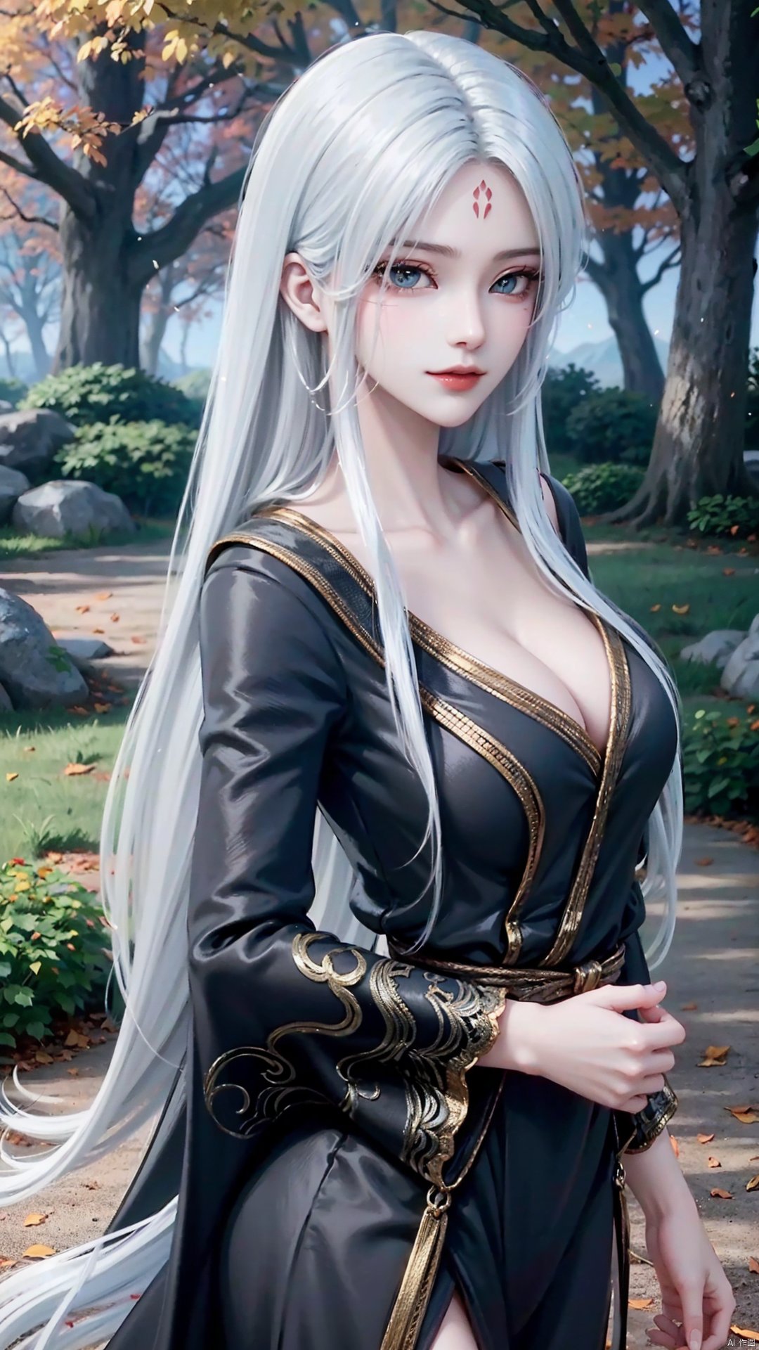 1girl, long hair, solo, facial mark, green eyes, looking at viewer, white hair, red lips, forehead mark, mischevious smile, perfect body, scenery, sharp focus, best quality, masterpiece, detailed outfit, illustration, perfect eyes, finely detailed beautiful anime eyes, realistic skin, intricate details, best lighting, depth of field, ultra high resolution,cowboy_shot, dynamic pose, dynamic angle,