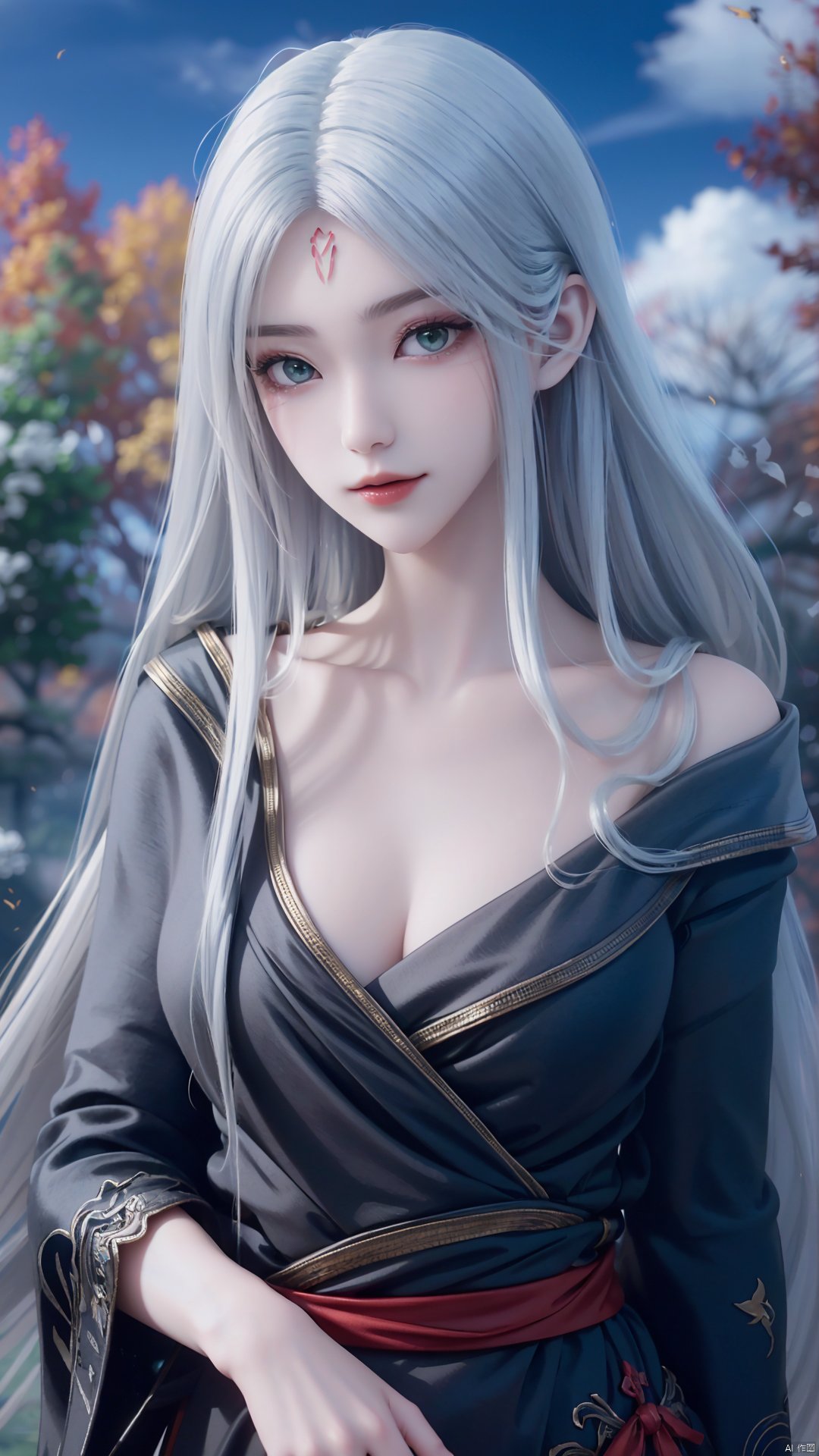 1girl, long hair, solo, facial mark, green eyes, looking at viewer, white hair, red lips, forehead mark, mischevious smile, perfect body, scenery, sharp focus, best quality, masterpiece, detailed outfit, illustration, perfect eyes, finely detailed beautiful anime eyes, realistic skin, intricate details, best lighting, depth of field, ultra high resolution,cowboy_shot, dynamic pose, dynamic angle,