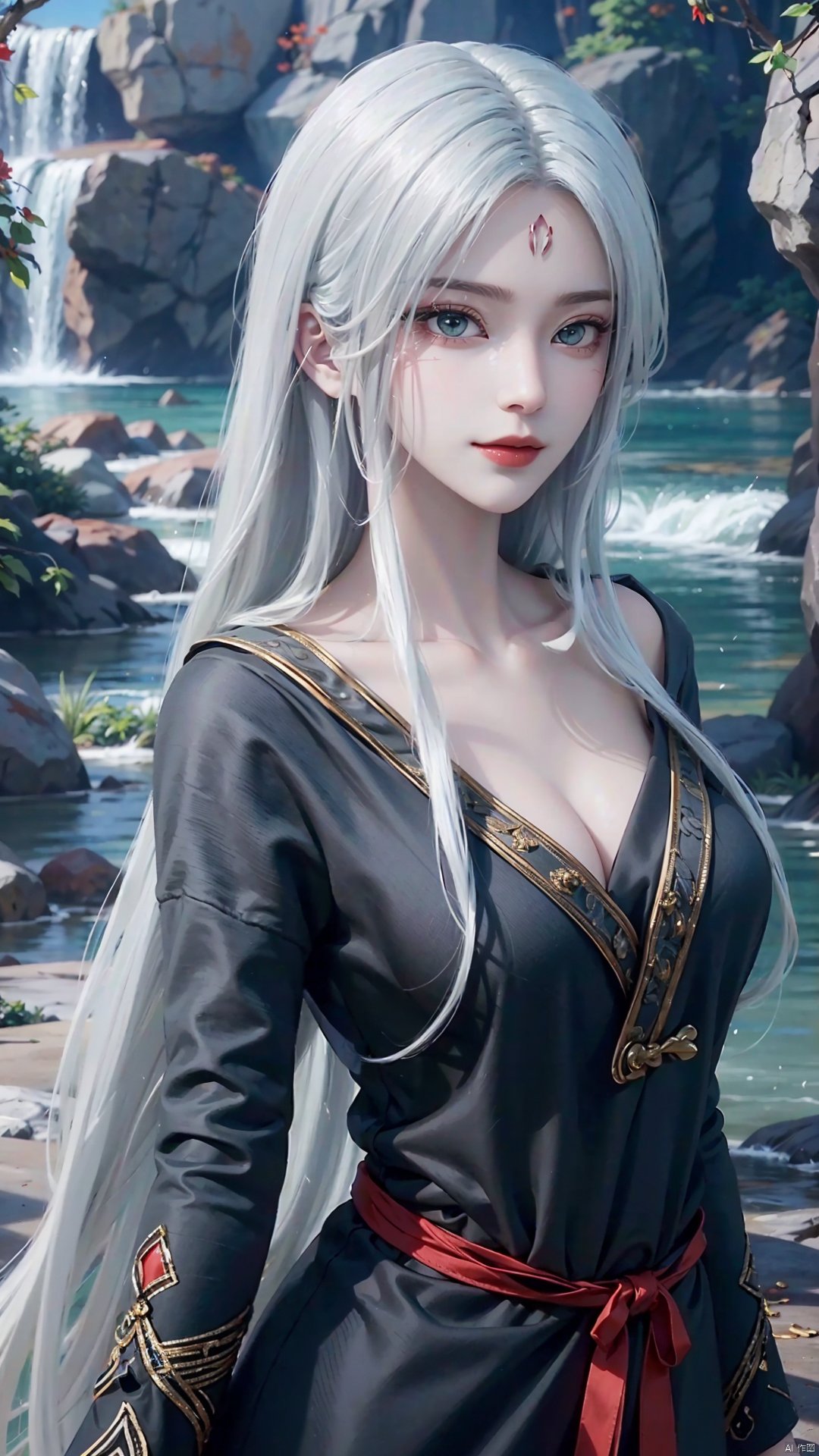 1girl, long hair, solo, facial mark, green eyes, looking at viewer, white hair, red lips, forehead mark, mischevious smile, perfect body, scenery, sharp focus, best quality, masterpiece, detailed outfit, illustration, perfect eyes, finely detailed beautiful anime eyes, realistic skin, intricate details, best lighting, depth of field, ultra high resolution,cowboy_shot, dynamic pose, dynamic angle,