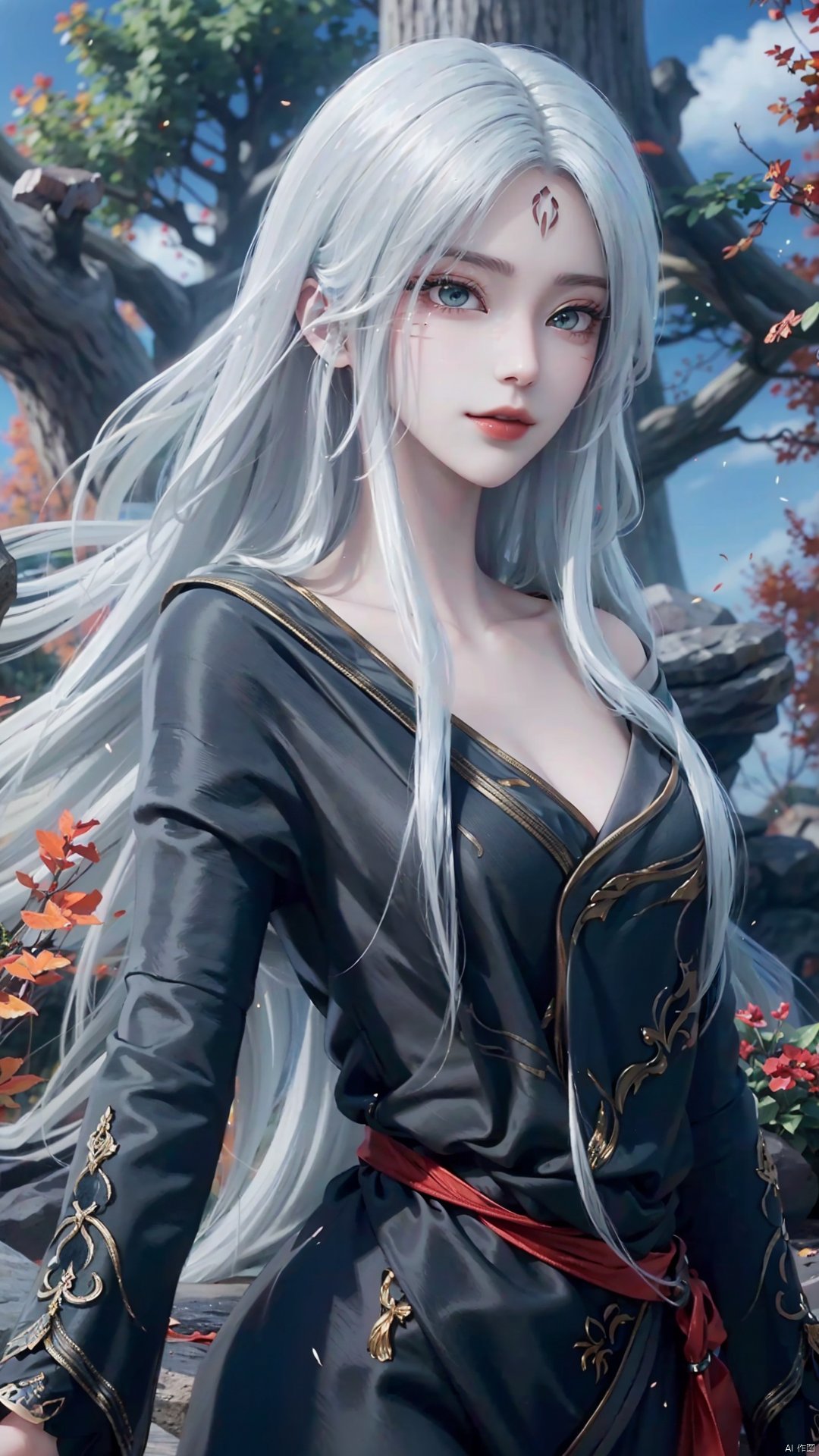 1girl, long hair, solo, facial mark, green eyes, looking at viewer, white hair, red lips, forehead mark, mischevious smile, perfect body, scenery, sharp focus, best quality, masterpiece, detailed outfit, illustration, perfect eyes, finely detailed beautiful anime eyes, realistic skin, intricate details, best lighting, depth of field, ultra high resolution,cowboy_shot, dynamic pose, dynamic angle,