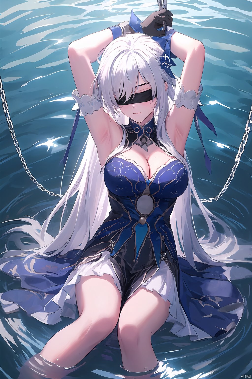 1girl, solo, long hair, breasts, bangs, hair ornament, gloves, dress, cleavage, sitting, closed mouth, white hair, spread legs, armpits, water, arms up, bound, restrained, blindfold