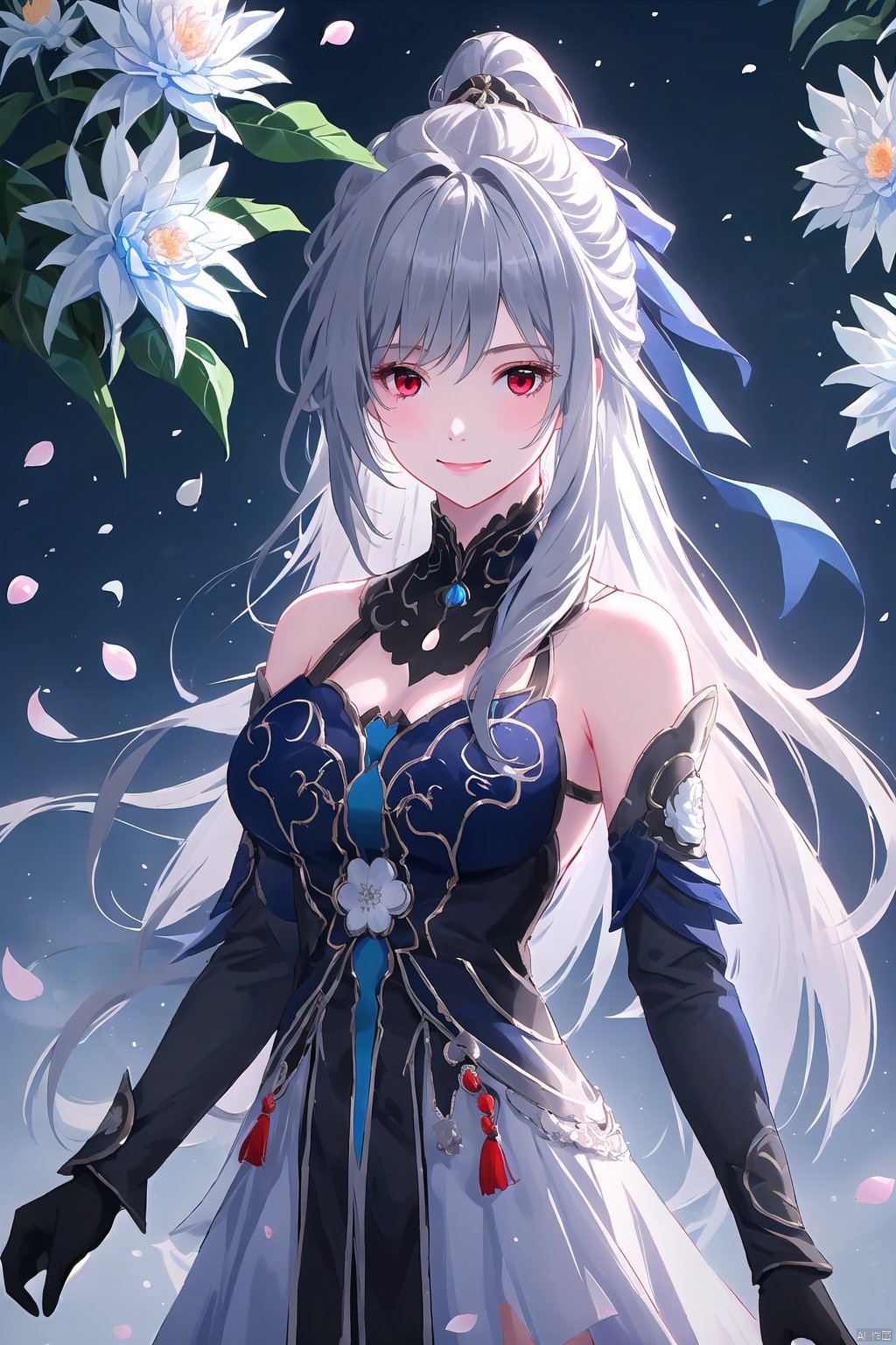 1girl, solo, long hair, breasts, looking at viewer, smile, bangs, hair ornament, red eyes, gloves, dress, bare shoulders, closed mouth, ponytail, flower, grey hair, black gloves, book, petals, white flower