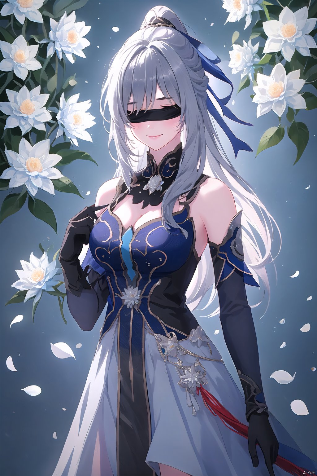 1girl, solo, long hair, breasts, smile, bangs, gloves, dress, bare shoulders, closed mouth, ponytail, flower, grey hair, black gloves, book, petals, white flower, blindfold