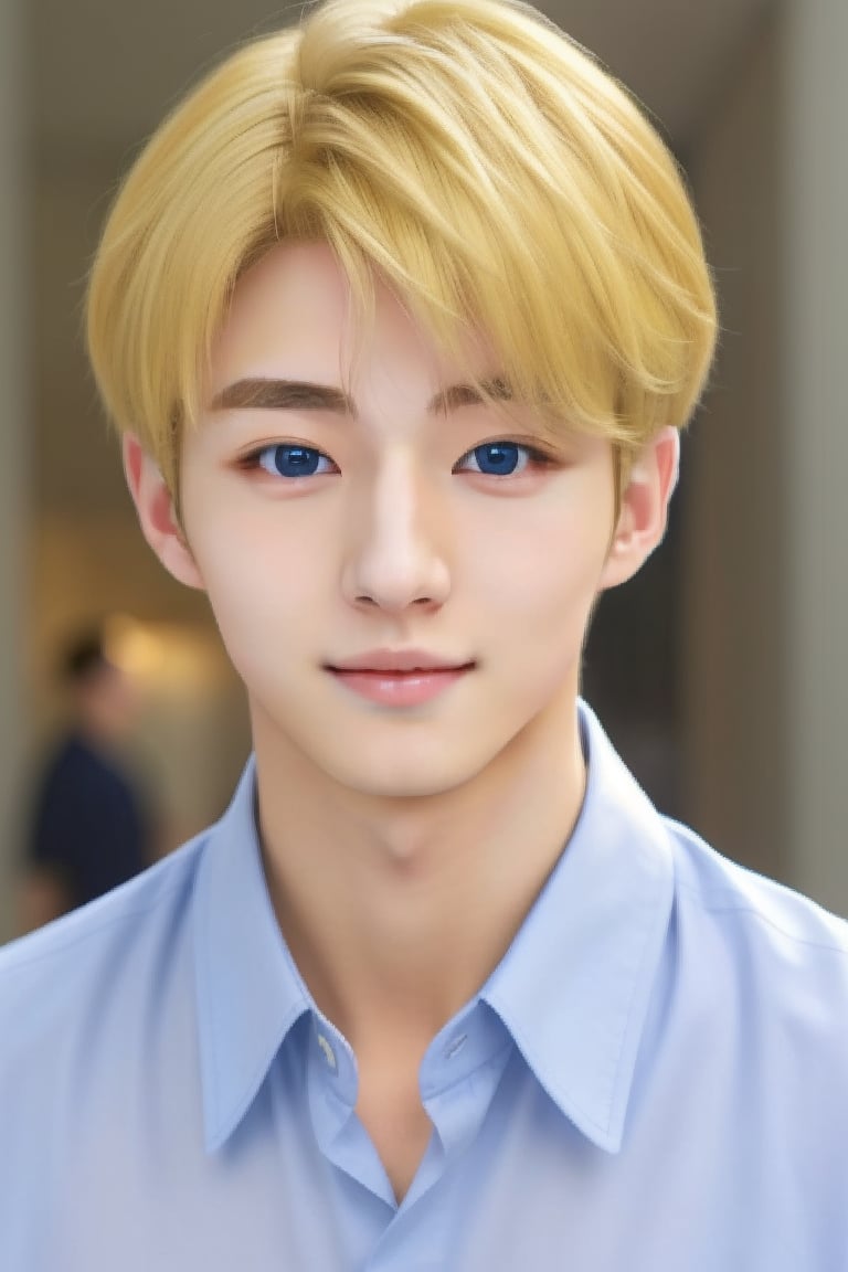 my_blonde_ikemen, solo, blonde hair, realistic, upper body, collared shirt, blue shirt, black eyes, looking at viewer, ikemen, nice photo, healthy face, masterpiece, Japanese hairstyle, 