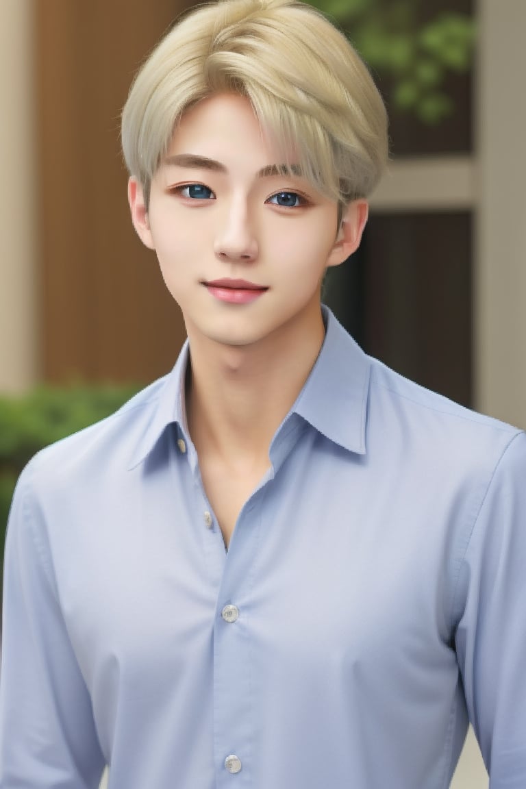 my_blonde_ikemen, solo, silver hair, realistic, upper body, collared shirt, navy blue shirt, black eyes, looking at viewer, ikemen, nice photo, healthy face, masterpiece, Japanese hairstyle, 