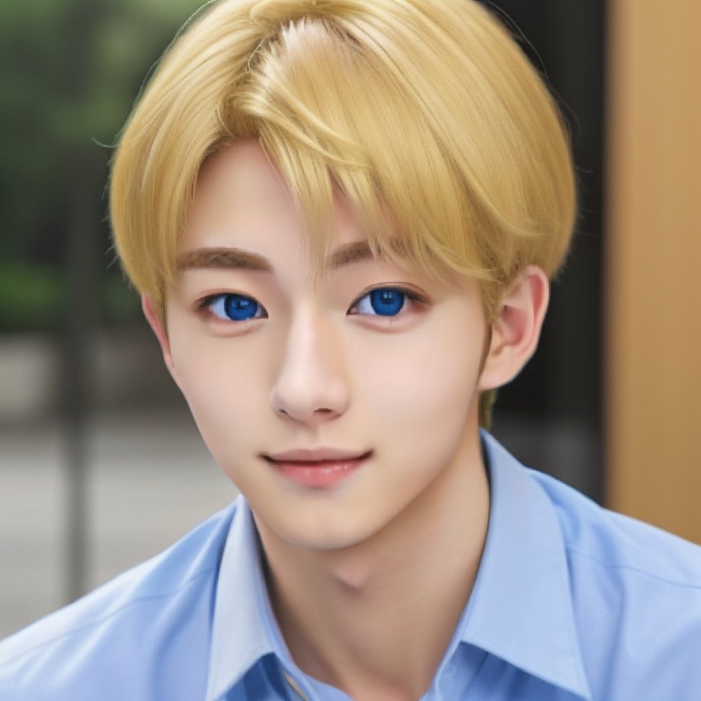 my_blonde_ikemen, solo, blonde hair, realistic, portrait, collared shirt, blue shirt, black eyes, looking at viewer, ikemen, nice photo, healthy face, 