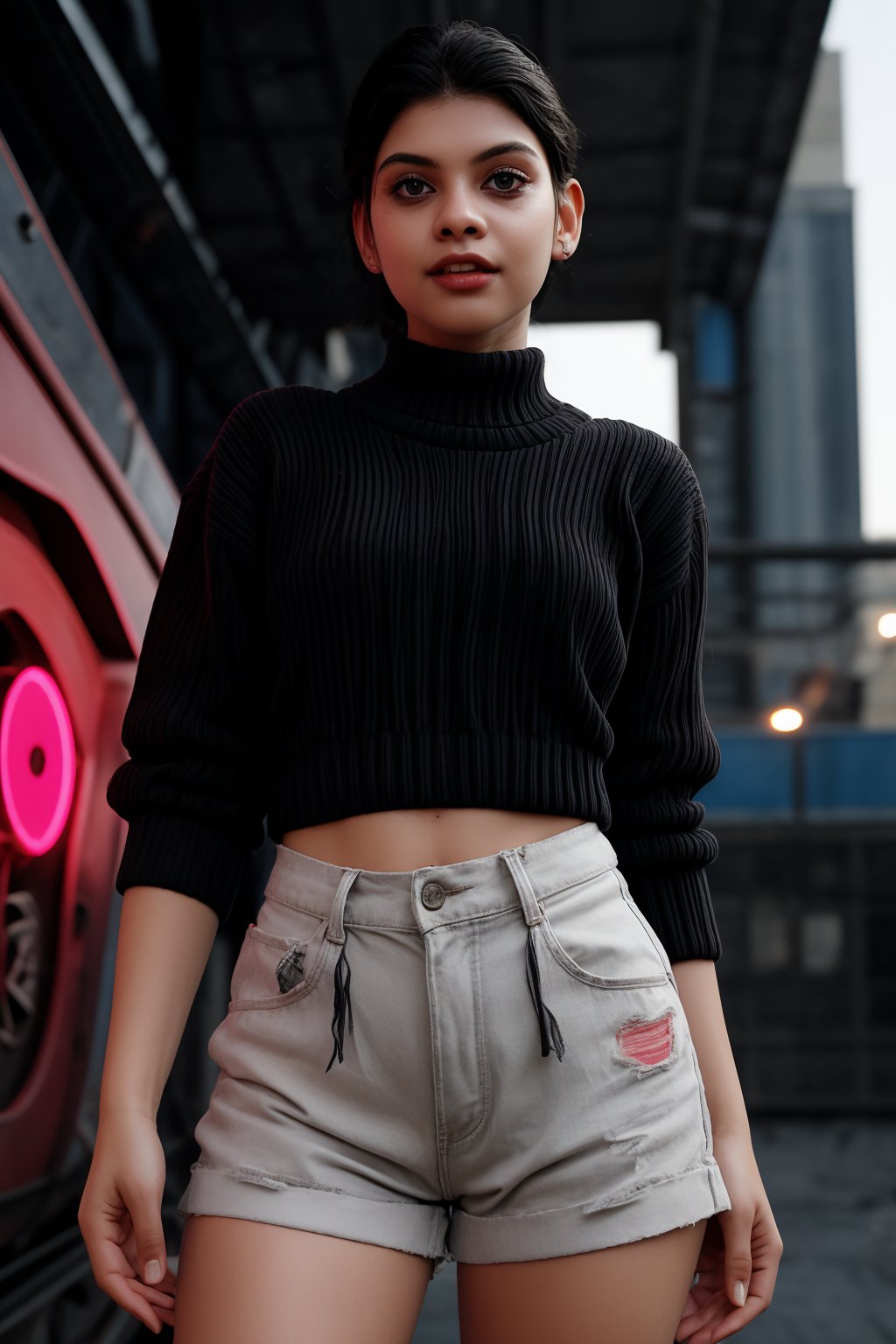 a beautiful female model, a beautiful young woman her striking red eyes and short black hair contrasting against her partially exposed,mechanically enhanced neck. She dons a black sweater adorned with white logos and text, while her black shorts are tucked into her intricate, detailed mechanical legs. The bold and striking appearance of the character is accentuated against a bright pink background, creating an immersive, cinematic experience that blends human and machine elements seamlessly within the cyberpunk aesthetic.