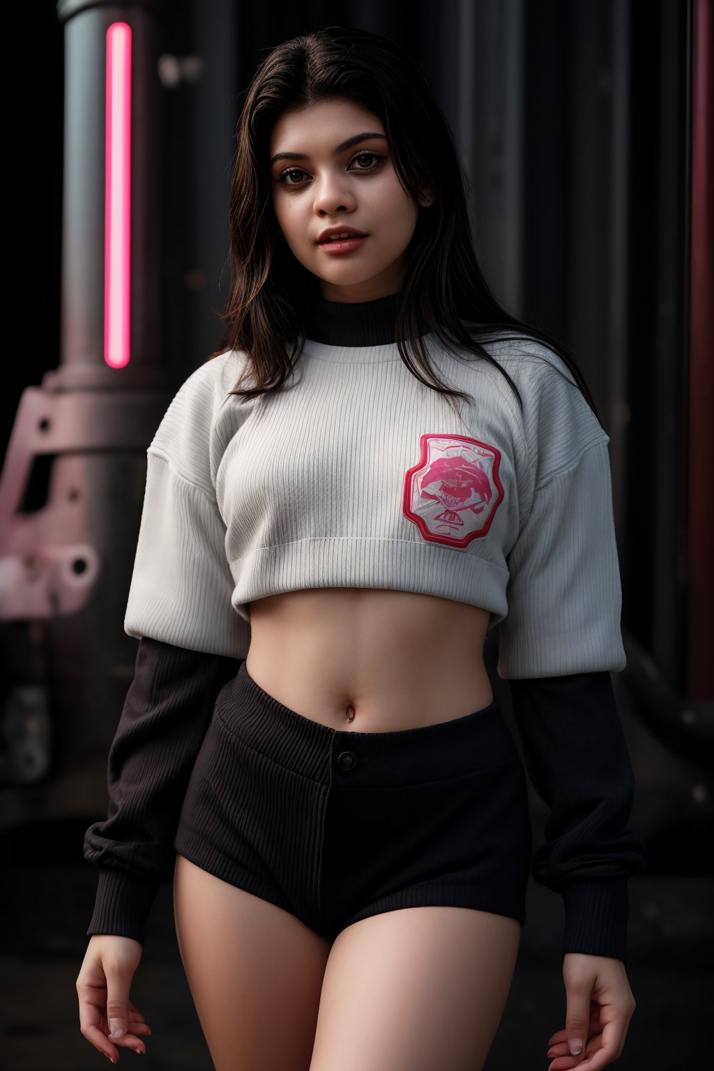 a beautiful female model, a beautiful young woman her striking red eyes and short black hair contrasting against her partially exposed,mechanically enhanced neck. She dons a black sweater adorned with white logos and text, while her black shorts are tucked into her intricate, detailed mechanical legs. The bold and striking appearance of the character is accentuated against a bright pink background, creating an immersive, cinematic experience that blends human and machine elements seamlessly within the cyberpunk aesthetic.