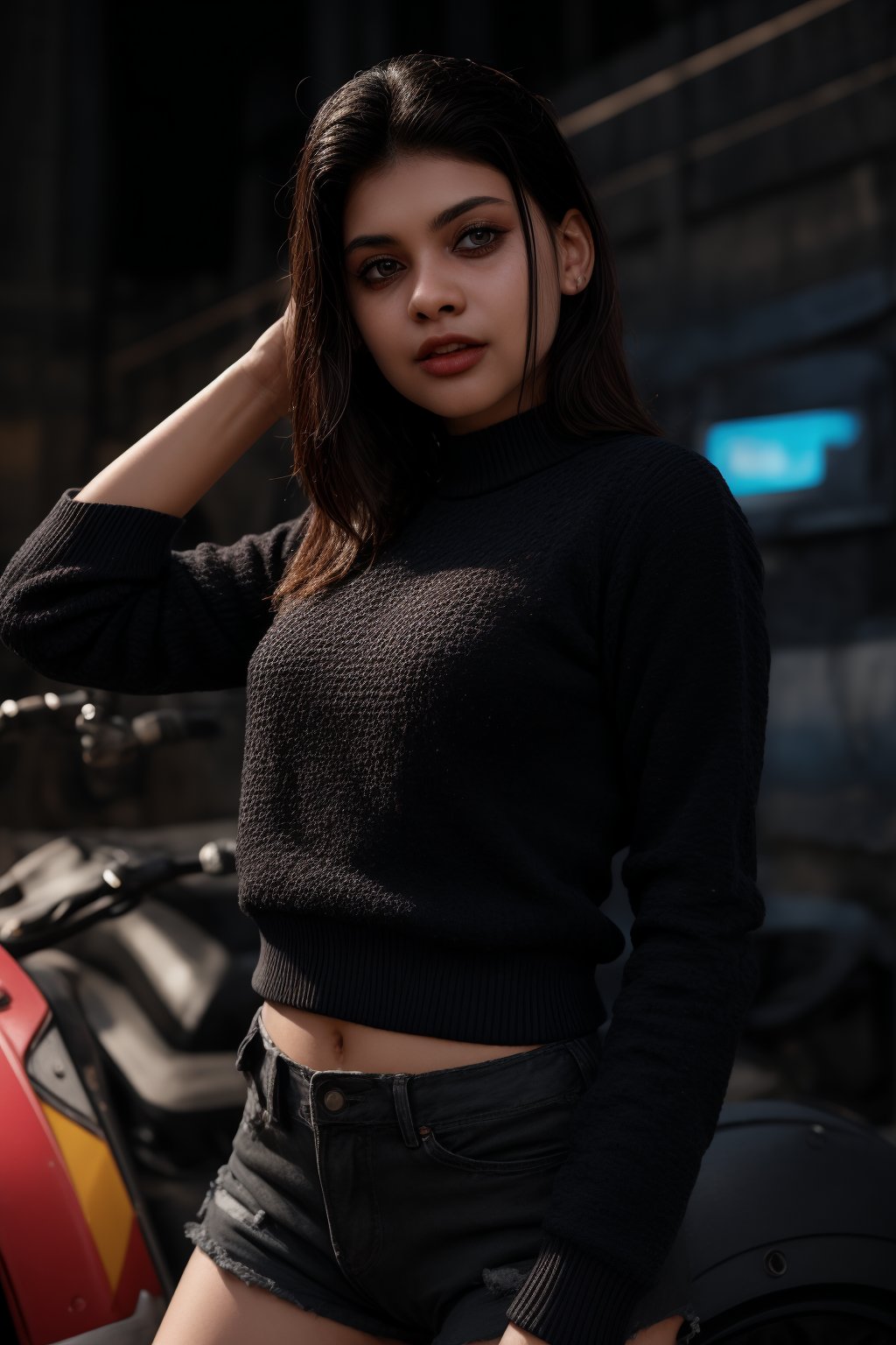 A close-up shot of the female model's face, highlighting her striking red eyes and short black hair contrasting with her mechanically enhanced neck. Her gaze meets the camera, her expression enigmatic as she wears a black sweater adorned with white logos and text, paired with black shorts tucked into her intricate, detailed mechanical legs. The bright pink background creates a bold, immersive atmosphere, blending human and machine elements within the cyberpunk setting.