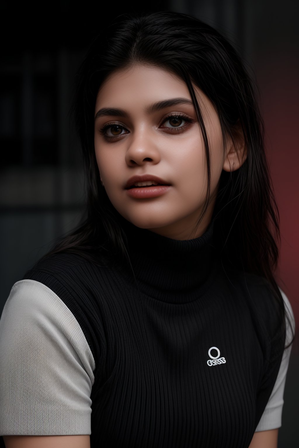 A close-up shot of the female model's face, highlighting her striking red eyes and short black hair contrasting with her mechanically enhanced neck. Her gaze meets the camera, her expression enigmatic as she wears a black sweater adorned with white logos and text, paired with black shorts tucked into her intricate, detailed mechanical legs. The bright pink background creates a bold, immersive atmosphere, blending human and machine elements within the cyberpunk setting.