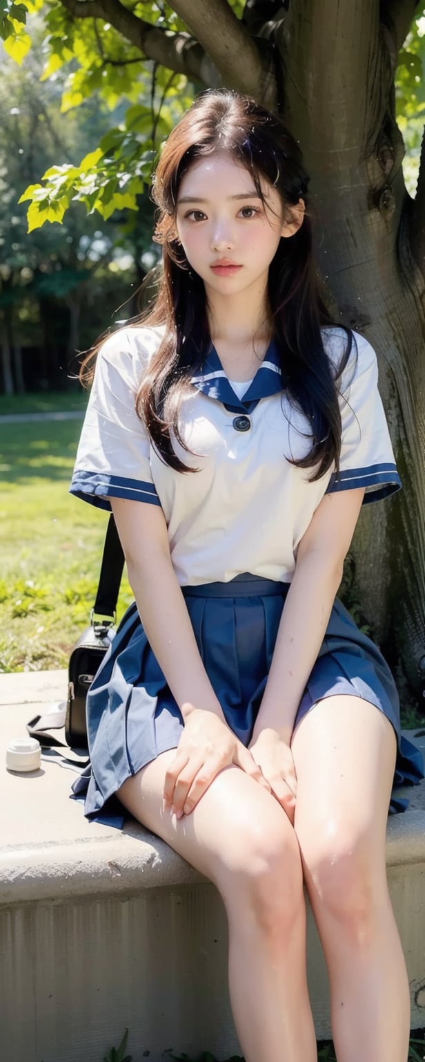 (masterpiece, best quality, ultra-detailed, highres), (a 18-year-old girl), (in a sailor school uniform), (sweating profusely), (sweat-soaked uniform), (sitting under a large tree), (seeking shade from the hot sun), (resting), (summer heat), (exhausted), (solo:1.5), (sunlight filtering through leaves:1.2), (grass), (school bag next to her), (blush), (visible sweat), (short sleeve shirt), (skirt), (full body shot), (dappled sunlight), (nature background), (large tree:1.5), (small water bottle next to her:1.2), (sweat-drenched hair:1.2), (unbuttoned shirt:1.1)