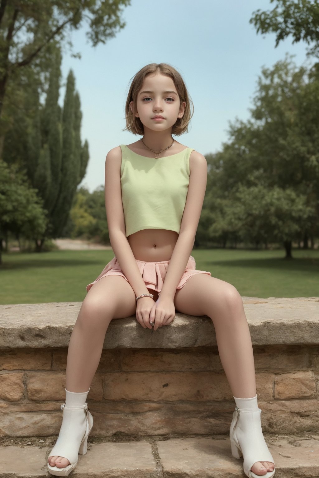 (beautiful face, 8K, HDR, HD.Masterpiece, Hyperrealistic),Full body view of a tween girl with well-formed body and short hair, 11yo, italian, nice hip, nice waist, outside, photorealistic, photography,(sitting or standing in alluring pose),Ultra-Realitic, Ultra-sharp. Vibrant,