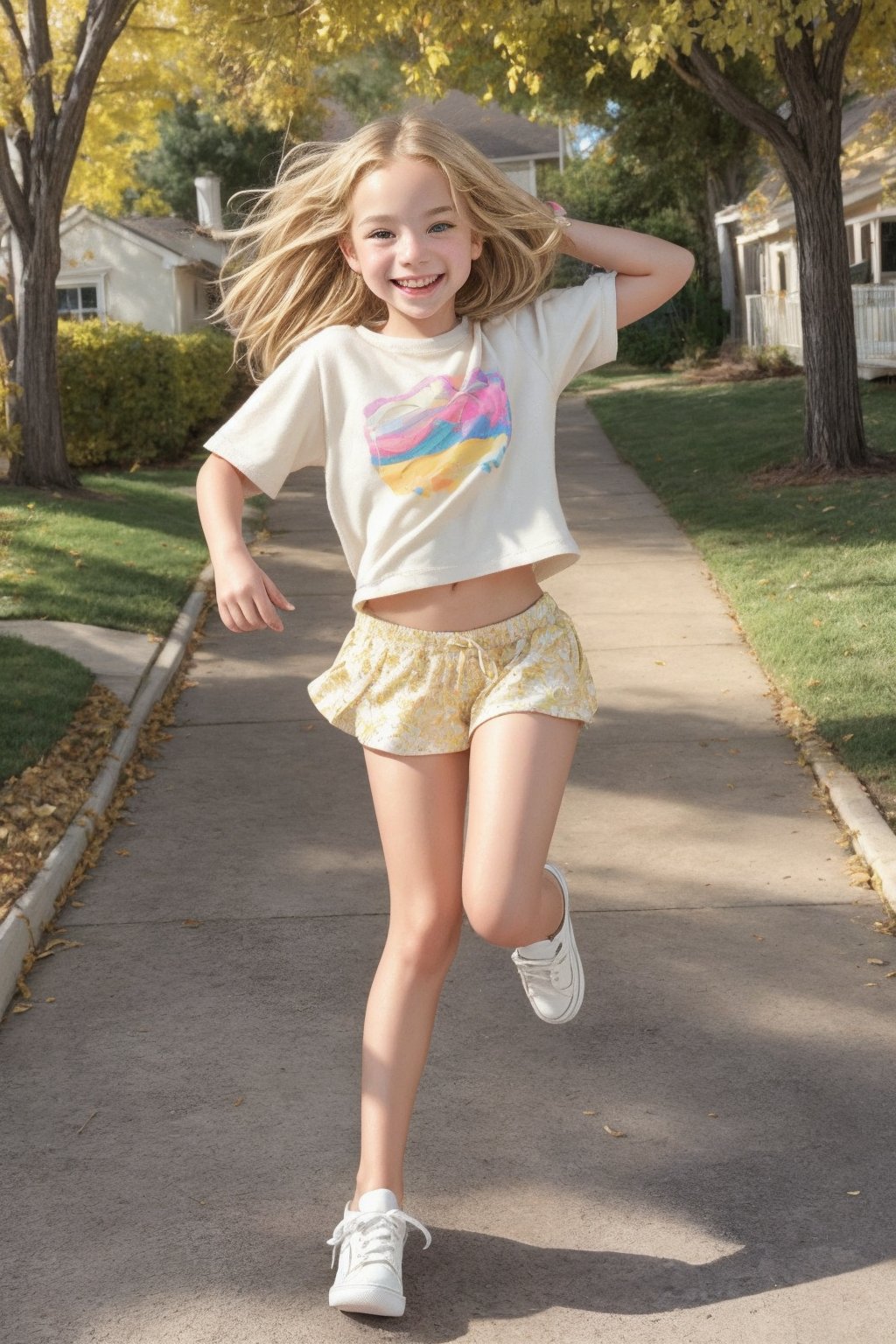 A carefree tween girl, with messy blonde hair and a bright smile, is shown in mid-stride as she slips on a pair of Vans sneakers. The warm sunlight casts a golden glow on the scene, illuminating her joyful expression. She's framed against a soft focus blurred background of a suburban neighborhood, with a few leaves scattered around her.