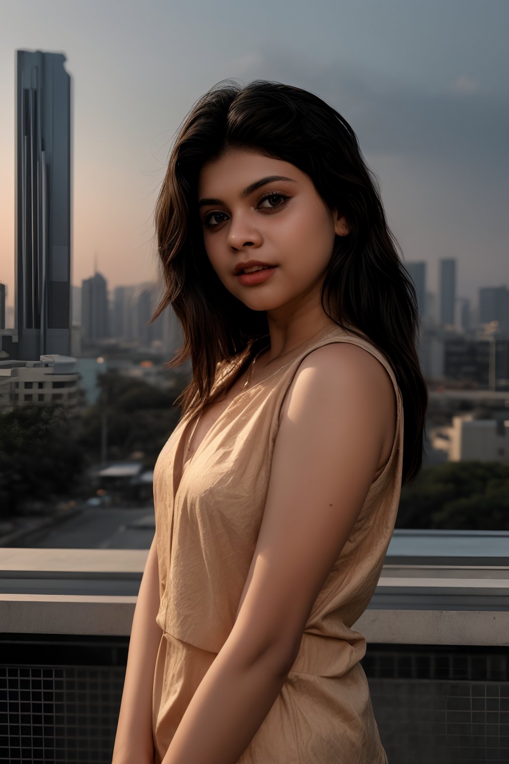 Beauty stands confidently in front of a vibrant city skyline at sunset, her luscious locks and radiant skin glistening under the warm golden light. Softly falling shadows accentuate the gentle contours of her face as she poses with poise against the sleek, modern architecture, the distant skyscrapers reflecting her radiant beauty.