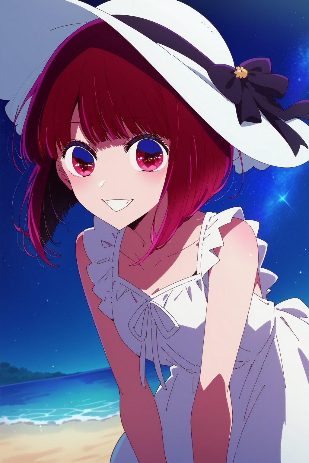 score_9, score_8_up, score_7_up, source_anime,kanaarima, ,kana arima, short hair, bangs, red eyes, red hair, bob cut, smile,hat, dress, ribbon, sleeveless, white dress, sleeveless dress, white headwear, sun hat, sundress,beach, bent over, smile,looking at viewer, cowboy shot, dutch angle, solo, night, starry_night