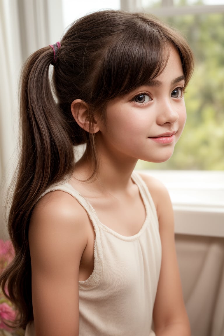 A tender shot of a prepubescent tween girl, aged 11, with a petite and endearing physique. She stands with an alluring pose, showcasing her well-formed figure, as the soft natural light highlights her sweet facial features. The camera frames her in a warm, inviting composition, capturing her youthful charm.