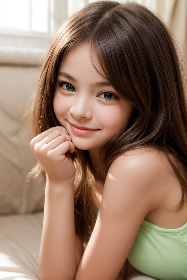 A tender shot of a prepubescent tween girl, aged 11, with a petite and cute figure. She poses with an alluring smile, showcasing her well-formed body. Soft focus, warm lighting, and a shallow depth of field accentuate her youthful charm. The framing emphasizes her sweet features, with a slight angle to capture the innocence and curiosity in her eyes.