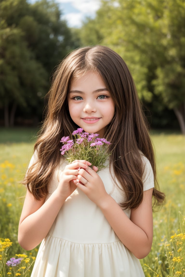 Soft focus captures a playful 11-year-old tween girl with a petite and well-formed physique. Her cute features are accentuated by gentle lighting, highlighting her sweet expression. She poses with a carefree charm, standing in a lush green meadow surrounded by blooming wildflowers, her tiny hands grasping a bouquet of fresh flowers.