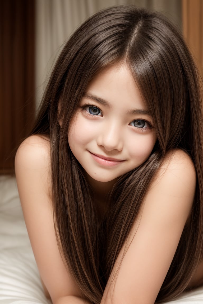 A tender shot of a prepubescent tween girl, aged 11, with a petite and cute figure. She poses with an alluring smile, showcasing her well-formed body. Soft focus, warm lighting, and a shallow depth of field accentuate her youthful charm. The framing emphasizes her sweet features, with a slight angle to capture the innocence and curiosity in her eyes.