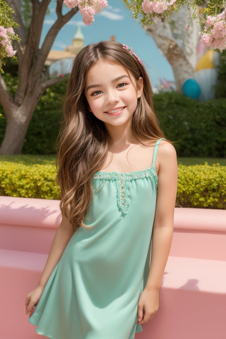 A tween girl with a petite and well-formed body poses in front of a whimsical backdrop, her sweet smile lighting up the scene. She wears a pastel-colored dress that accentuates her youthful charm, its frilly edges framing her alluring presence. Soft, golden light falls gently on her face, illuminating her big brown eyes and rosy cheeks, creating a sense of innocence and vulnerability.