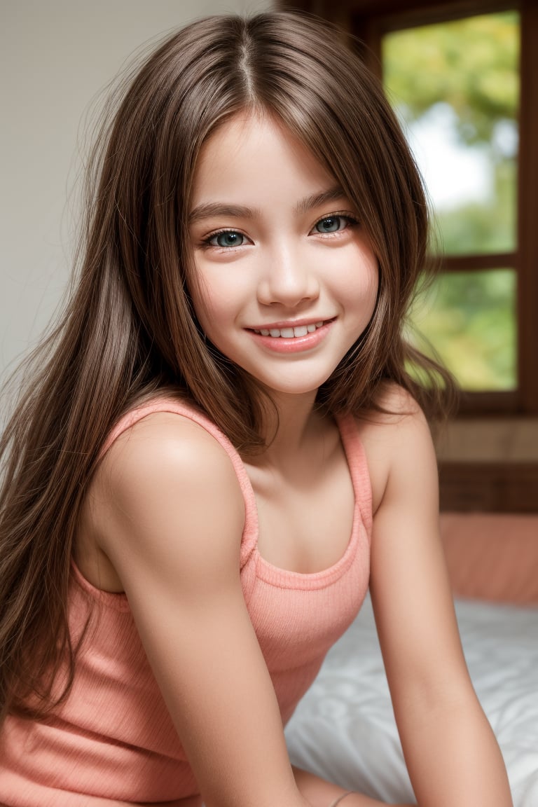 Close-up portrait of a confident 11-year-old tween girl showcasing her well-formed physique, looking directly into the camera lens with a bright smile. Soft natural lighting illuminates her features, highlighting the definition in her arms and legs. The composition frames her face and upper torso, emphasizing her youthful charm.