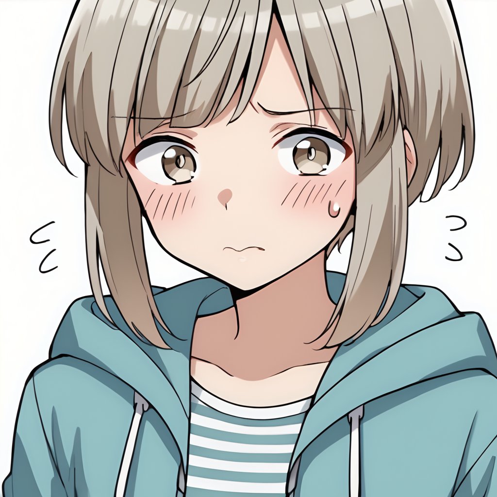 score_9, score_8_up, score_7_up, 1girl, solo, tsutsuji_(etra_chan_saw_it), short hair, bob cut, light brown hair, light brown eyes, jacket, aqua jacket, open jacket, hooded jacket, striped shirt, white shirt, blush, embarrased, close-up, looking at viewer, simple background