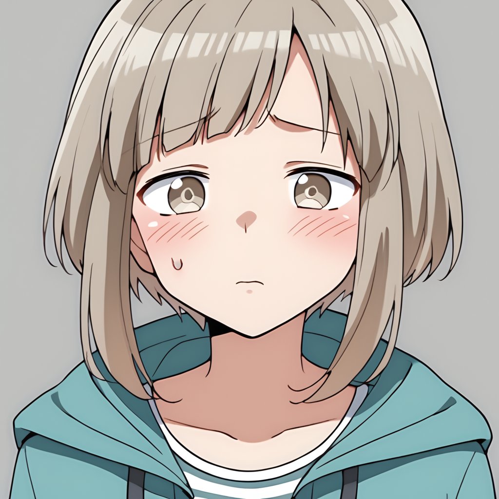 score_9, score_8_up, score_7_up, 1girl, solo, tsutsuji_(etra_chan_saw_it), short hair, bob cut, light brown hair, light brown eyes, jacket, aqua jacket, open jacket, hooded jacket, striped shirt, white shirt, blush, embarrased, close-up, looking at viewer, simple background