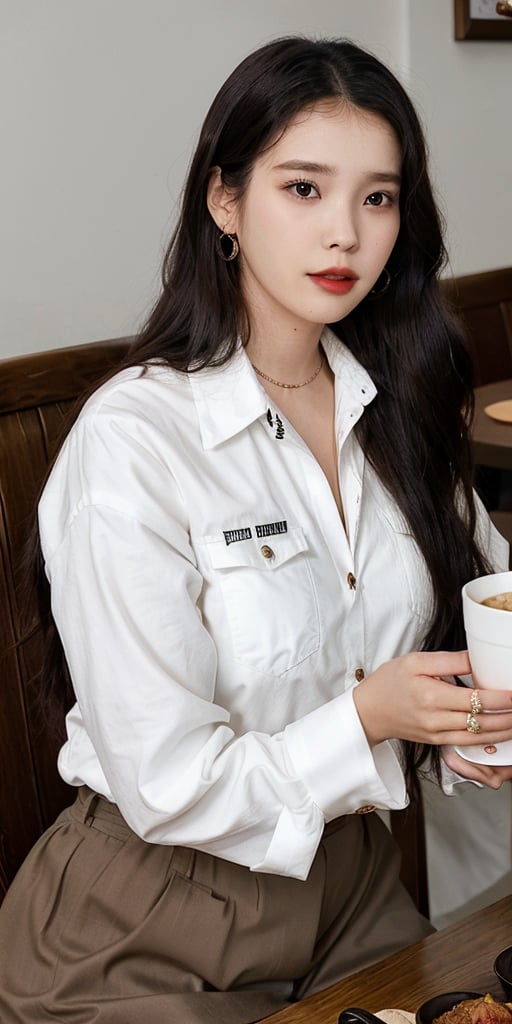 1girl, 25 year old, realistic, solo, long hair, brown hair, shirt, black hair, long sleeves, jewelry, sitting, jacket, white shirt, upper body, earrings, food, blurry, cup, lips, makeup, formal, table, lipstick, realistic, red lips, restaurant,UI,IU