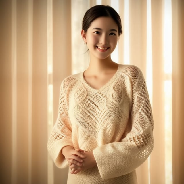 Generate an image of a delightful young woman in a full-body pose, sporting a charming, lacy knit sweater. She exudes warmth with her sweet, inviting smile, standing comfortably with her hands gently clasped in front of her. The soft, warm lighting accentuates the delicate texture of her sweater and the graceful lines of her figure. The composition captures her from head to toe, showcasing the intricate patterns of the sweater against a blurred, harmonious background that keeps the focus on her as the main subject.