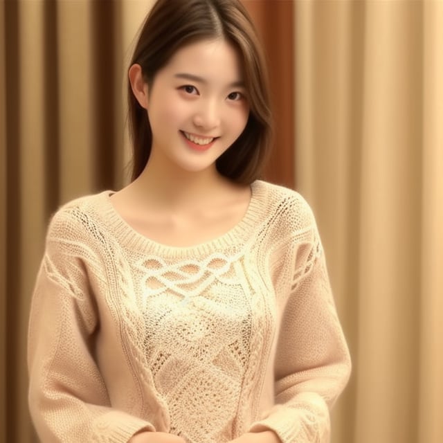 Create an image of a charming young woman wearing a cute, lacy knit sweater. She stands with a sweet, inviting smile, her posture relaxed and welcoming. The lighting is soft and warm, highlighting the delicate details of her outfit and the gentle curves of her face. The composition focuses on her upper body, capturing the intricate patterns of the sweater and her joyful expression. The background is blurred, placing emphasis on her as the central subject.