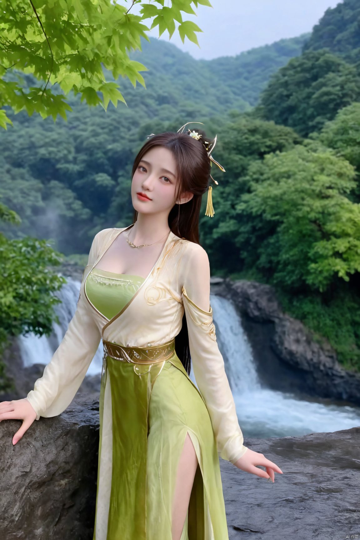 masterpiece,best quality,1girl,solo,beautiful outdoor,beautiful mount,(big breasts:1.29),Xtianhuxiaobai,Maple leaves, flowers,waterfalls, volcanoes,Xyaoxi