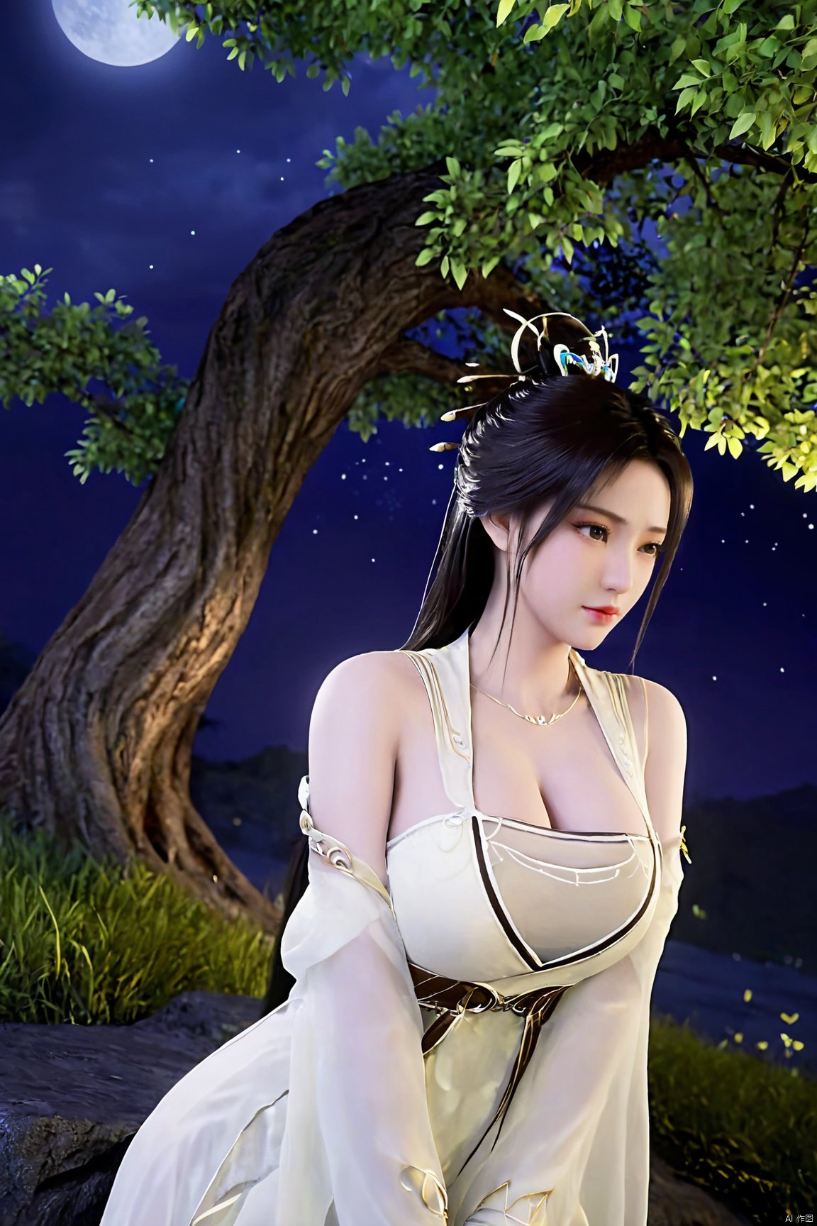 1girl, solo, long hair, black hair, hair ornament, dress, jewelry, outdoors, hair bun, white dress, tree, night, single hair bun, light,Xyaoxi,(big breasts:1.79),