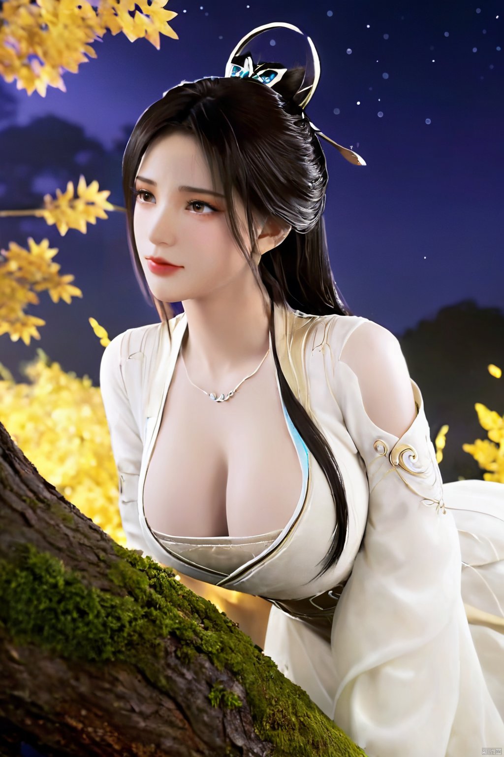 1girl, solo, long hair, black hair, hair ornament, dress, jewelry, outdoors, hair bun, white dress, tree, night, single hair bun, light,Xyaoxi,(big breasts:1.79),